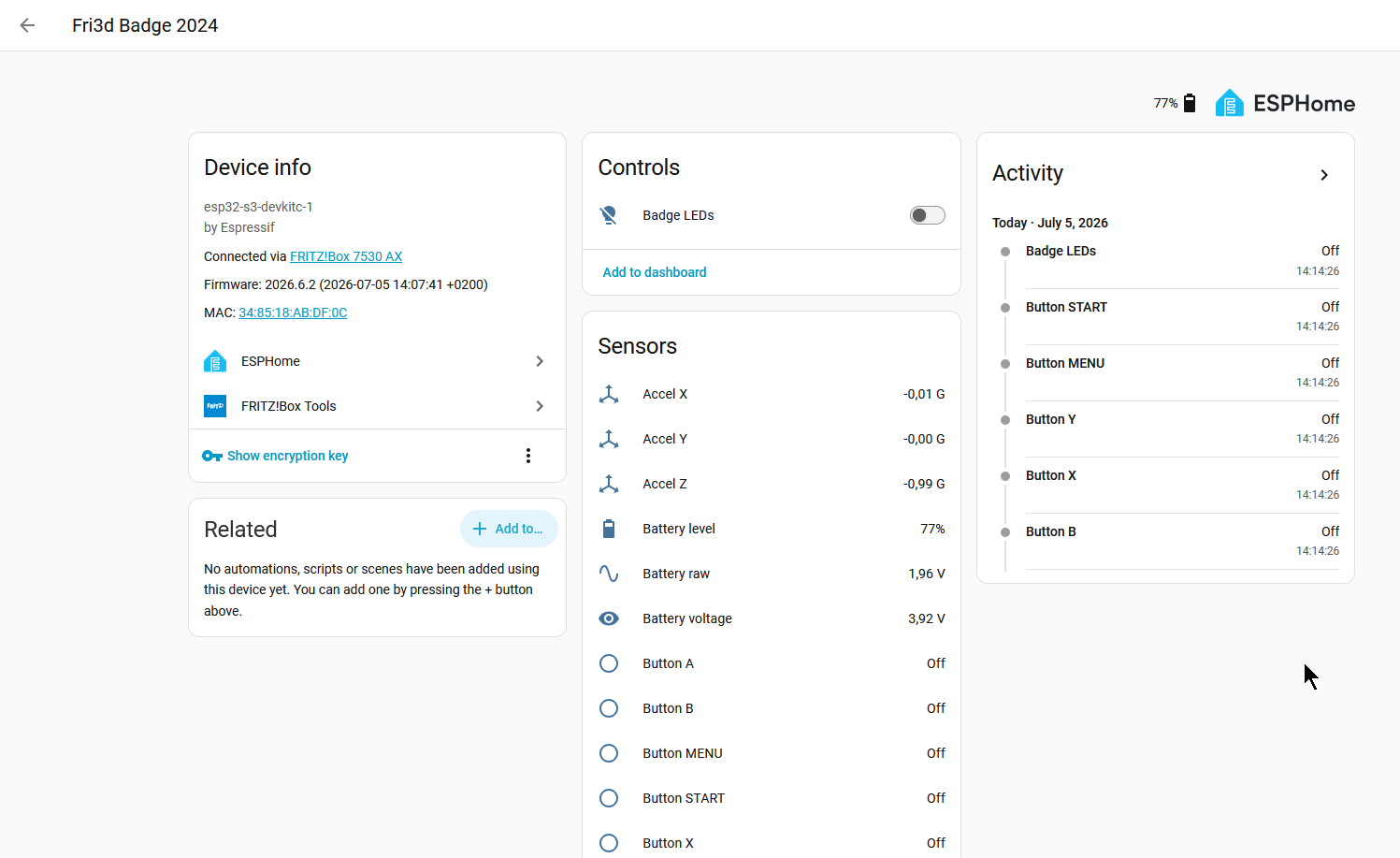 Home Assistant device page for the badge